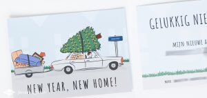 Verhuiskaart ontwerp New year, new home! | Deze verhuiskaart mocht ik ontwerpen voor mijn broertje. Ik maakte een illustratie van een auto met kerstboom en volgepakte aanhangwagen.